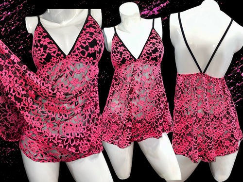 Neon Pink & Black Lace Love Affair Set w/ Boyshorts