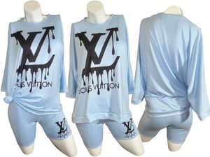 Sky Blue Designer Lounge Top & Shorts Set